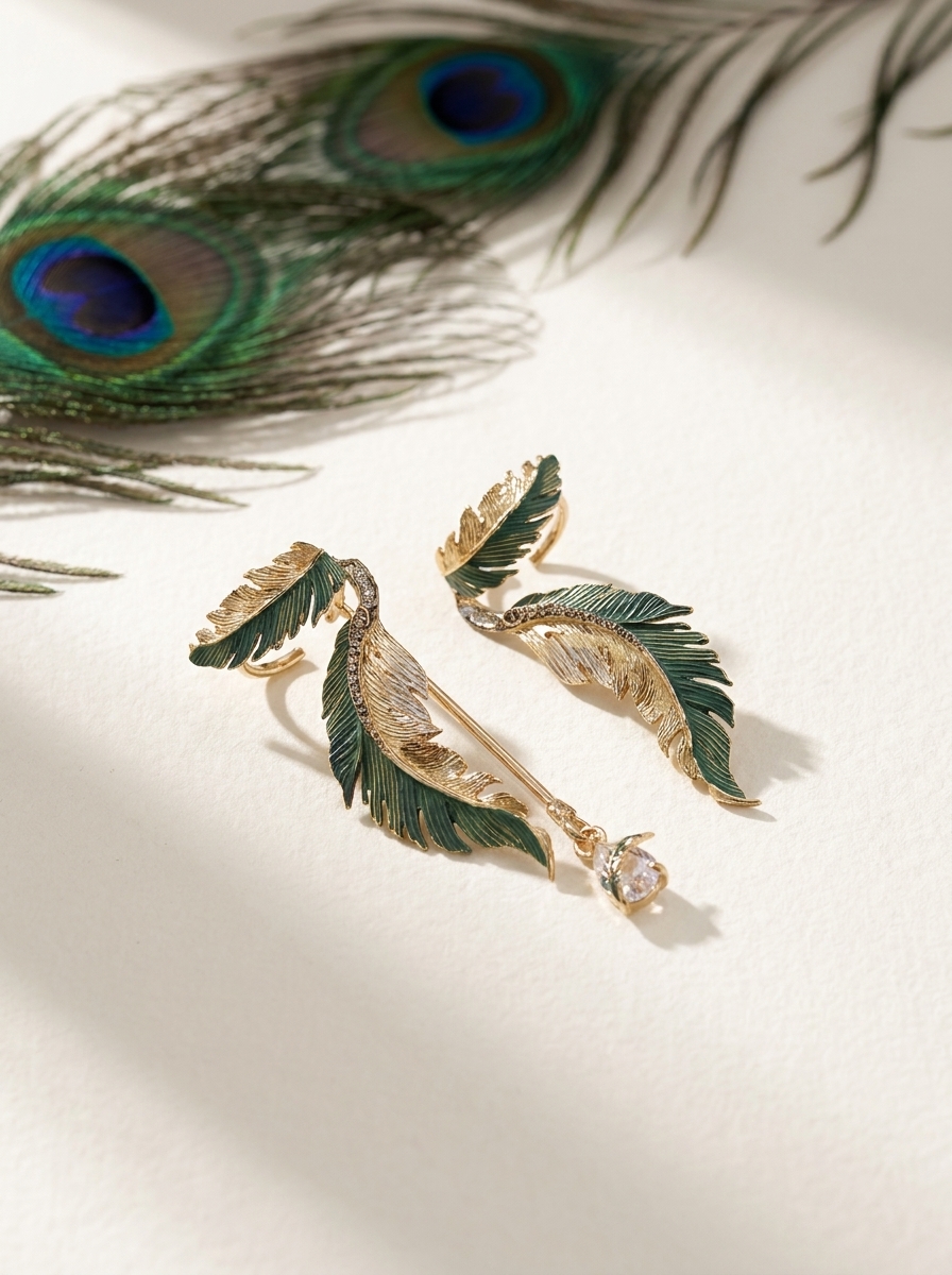 Vintage Peacock Feather Asymmetrical Ear Cuff