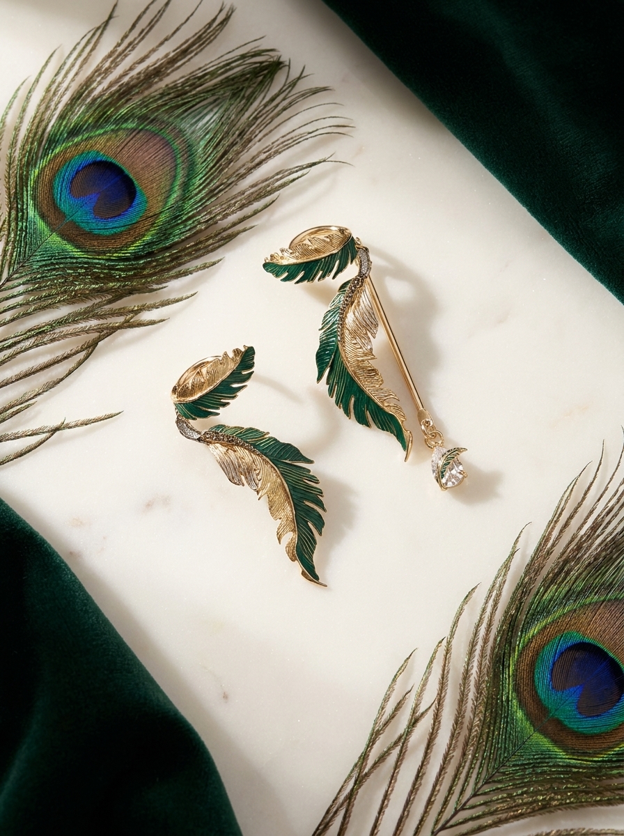 Vintage Peacock Feather Asymmetrical Ear Cuff view 2