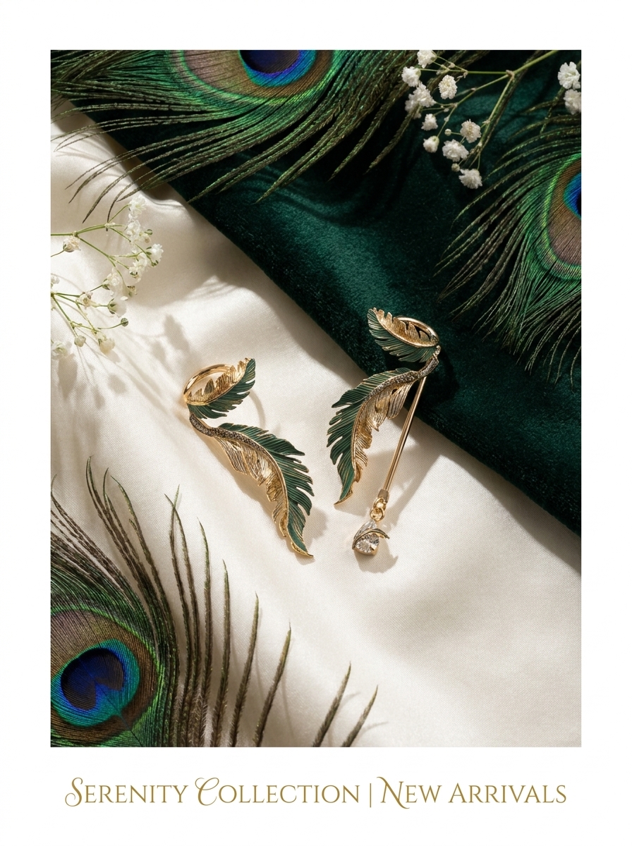 Vintage Peacock Feather Asymmetrical Ear Cuff view 3