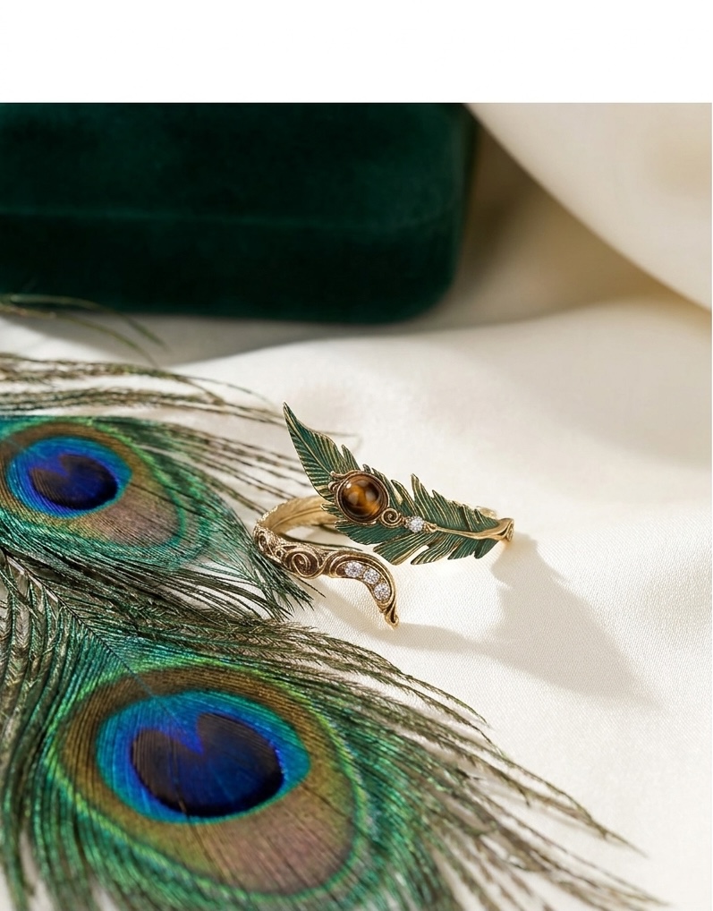Vintage Peacock Feather Open Ring view 2