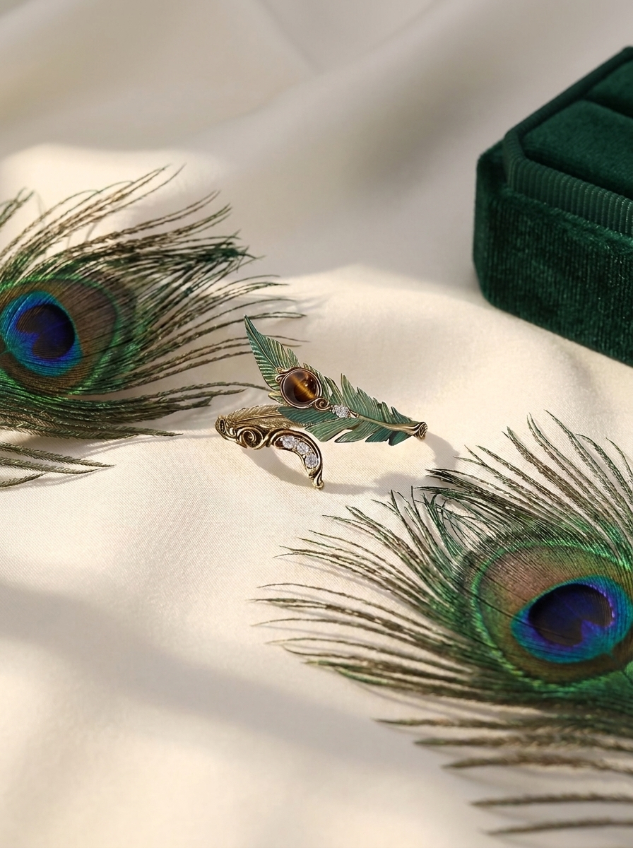 Vintage Peacock Feather Open Ring view 3
