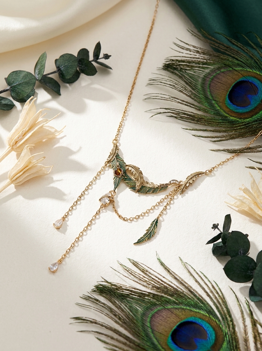 Vintage Peacock Feather Layered Drape Necklace