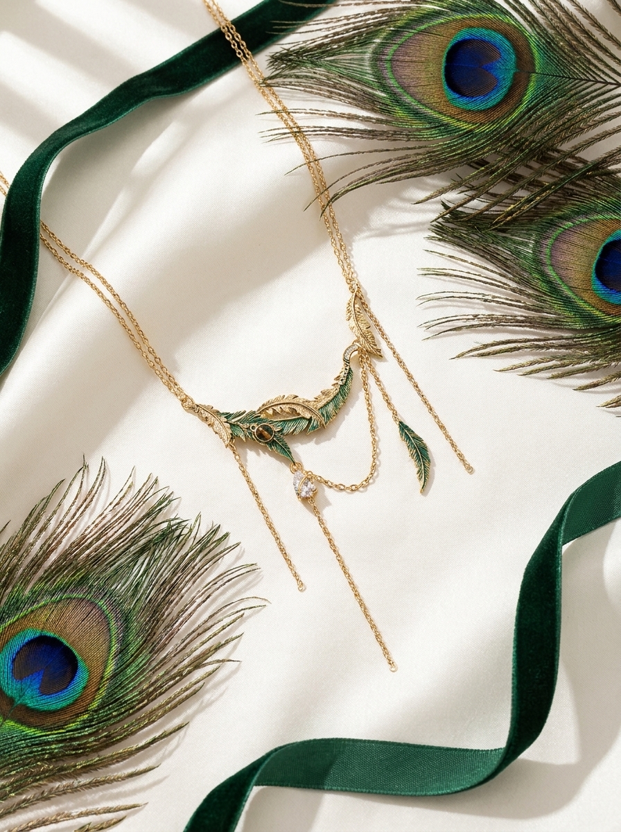 Vintage Peacock Feather Layered Drape Necklace view 2