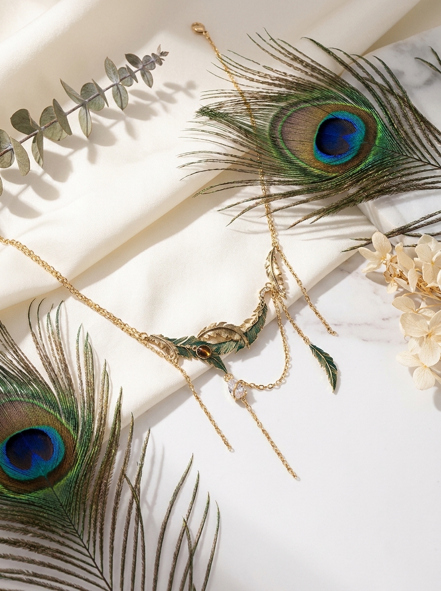 Vintage Peacock Feather Layered Drape Necklace view 3
