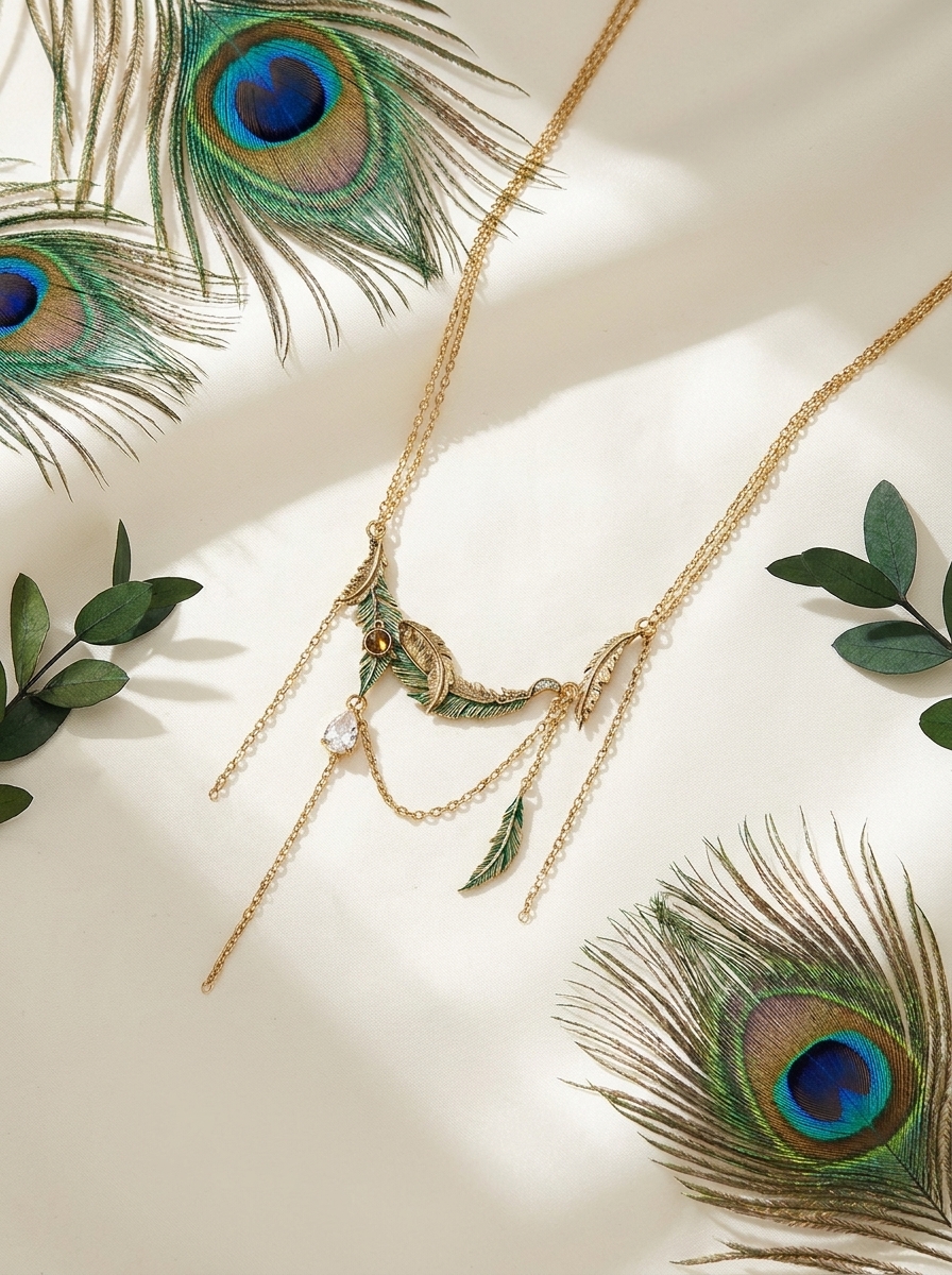 Vintage Peacock Feather Layered Drape Necklace view 4