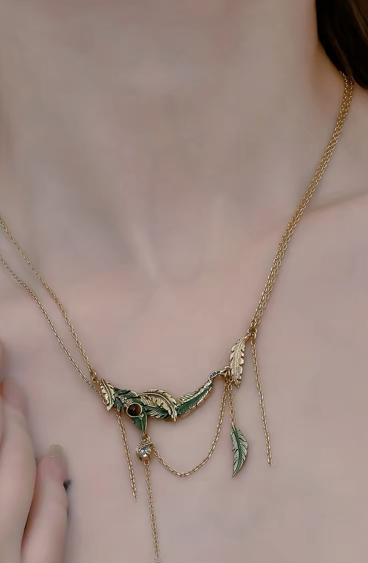 Vintage Peacock Feather Layered Drape Necklace view 5