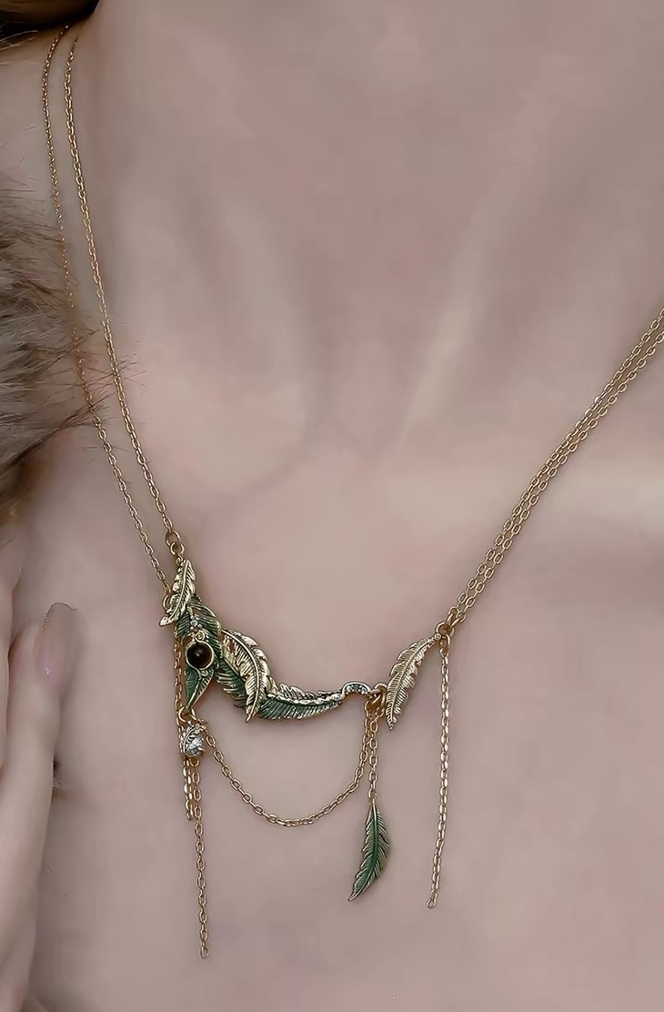 Vintage Peacock Feather Layered Drape Necklace view 6