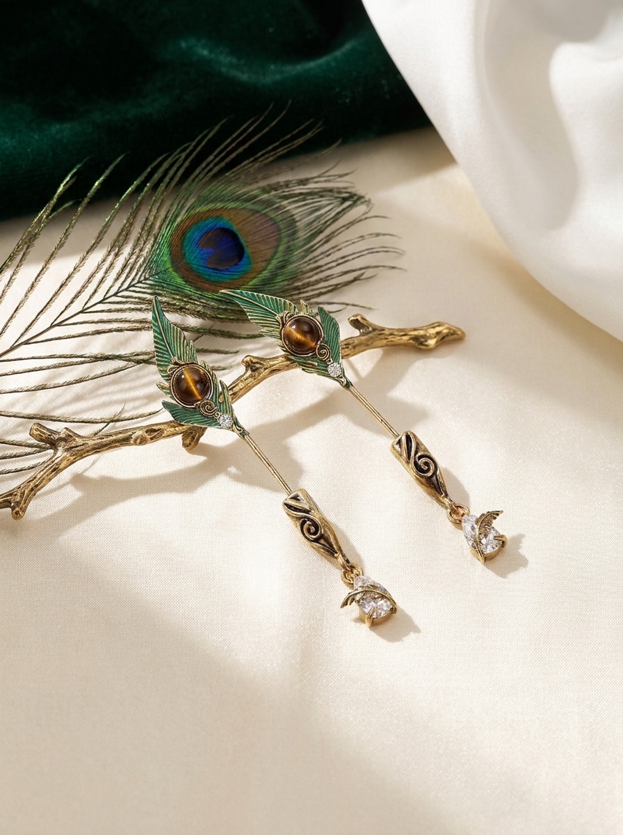 Vintage Peacock Feather Front Back Stud Earrings