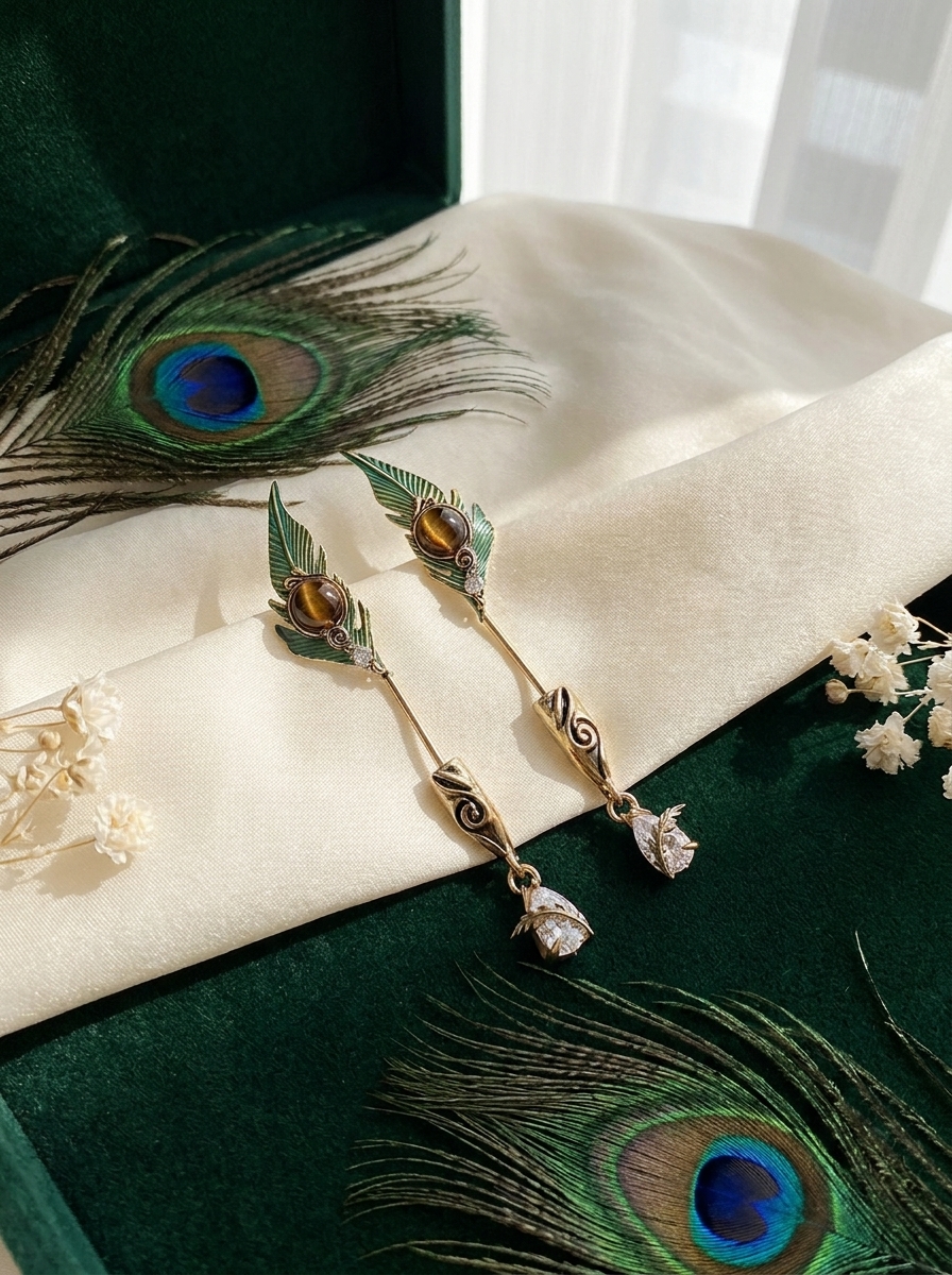 Vintage Peacock Feather Front Back Stud Earrings view 2