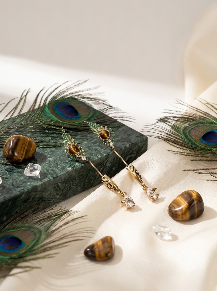 Vintage Peacock Feather Front Back Stud Earrings view 3