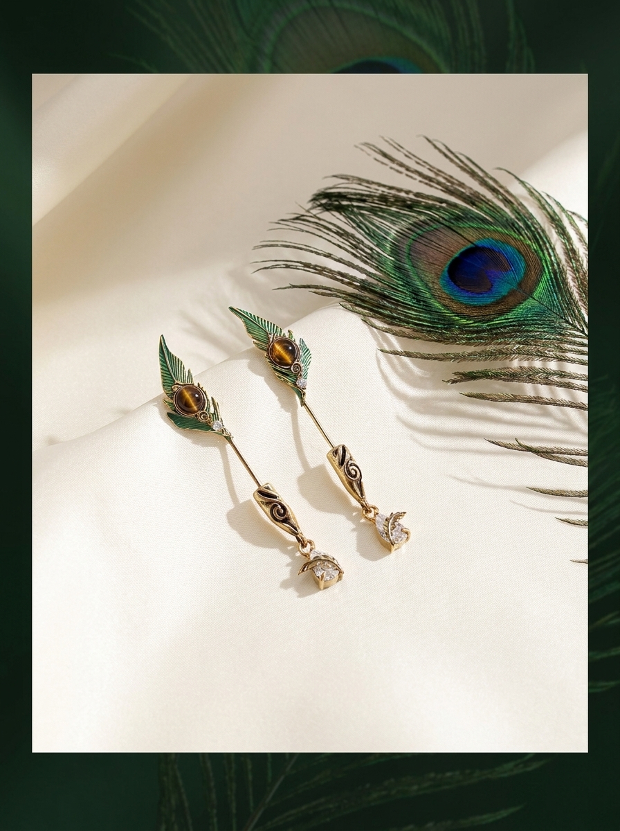 Vintage Peacock Feather Front Back Stud Earrings view 4