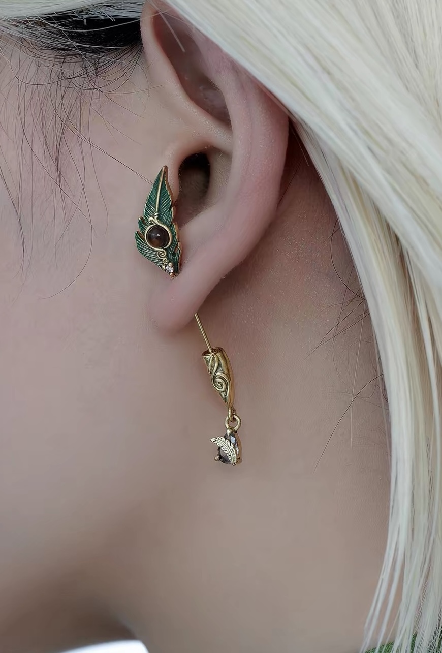 Vintage Peacock Feather Front Back Stud Earrings view 5