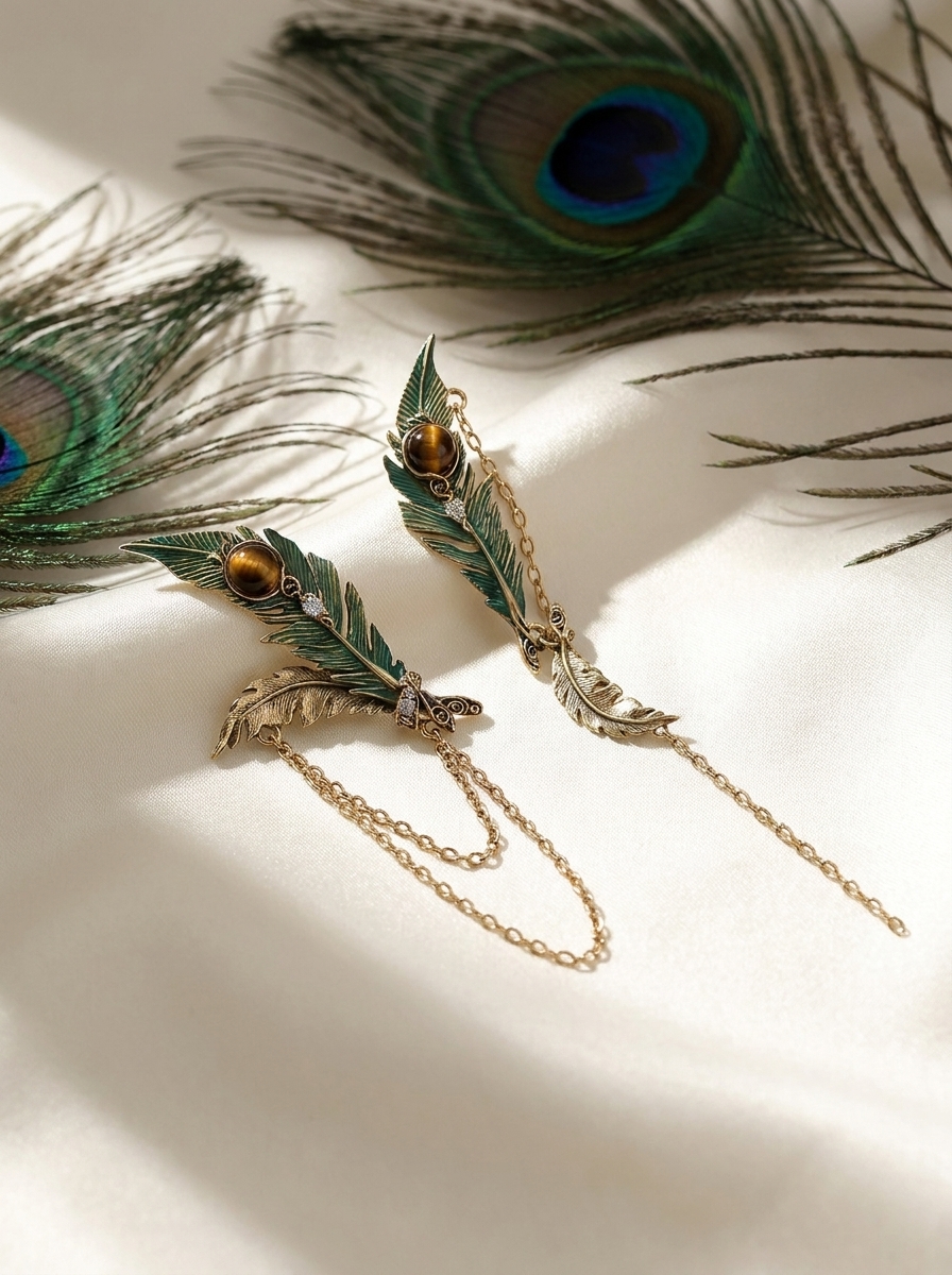 Vintage Asymmetrical Peacock Feather Chain Earrings