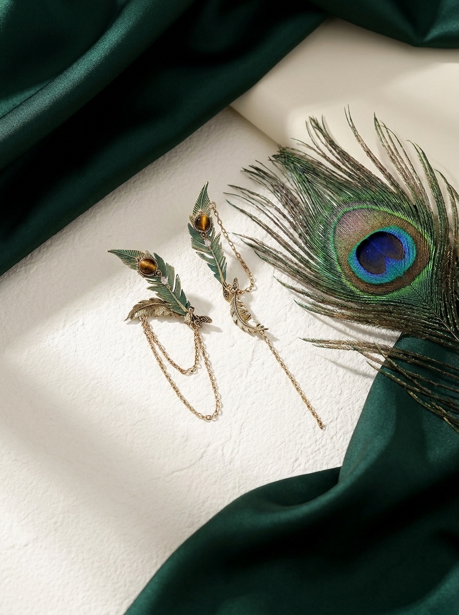 Vintage Asymmetrical Peacock Feather Chain Earrings view 2