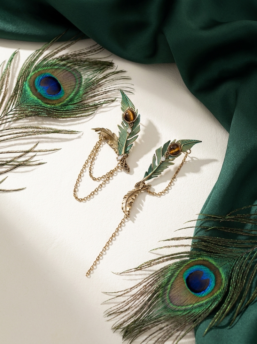 Vintage Asymmetrical Peacock Feather Chain Earrings view 3