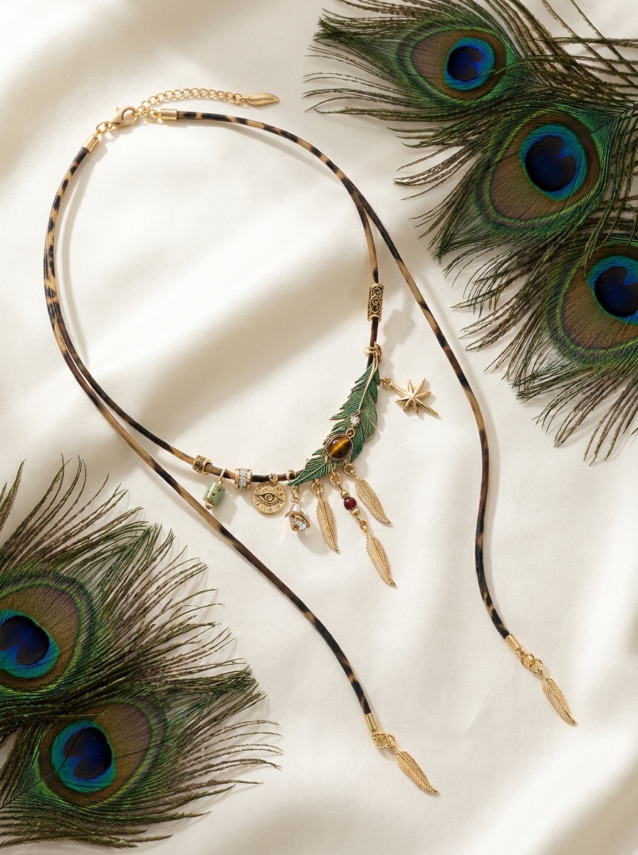 Vintage Peacock Feather Choker Leather Cord Necklace