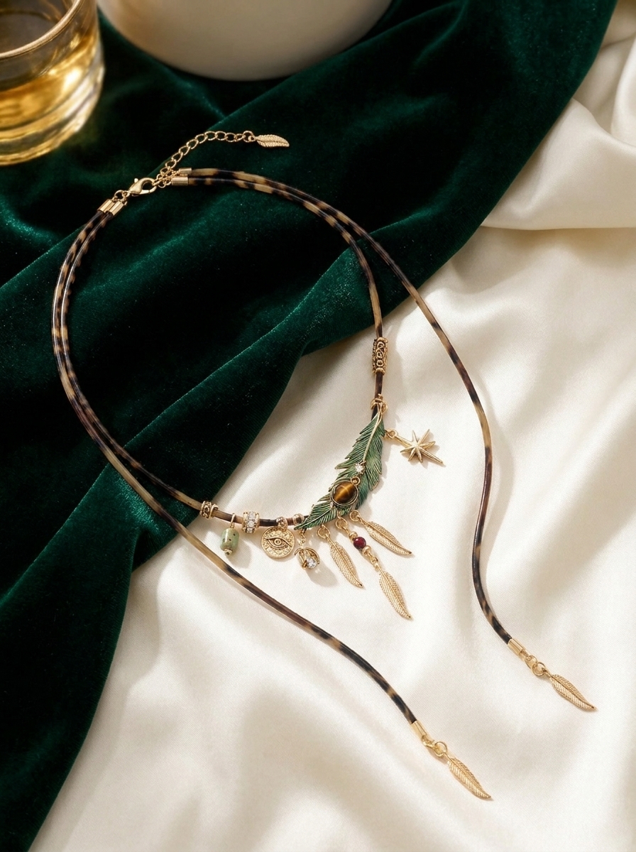 Vintage Peacock Feather Choker Leather Cord Necklace view 2