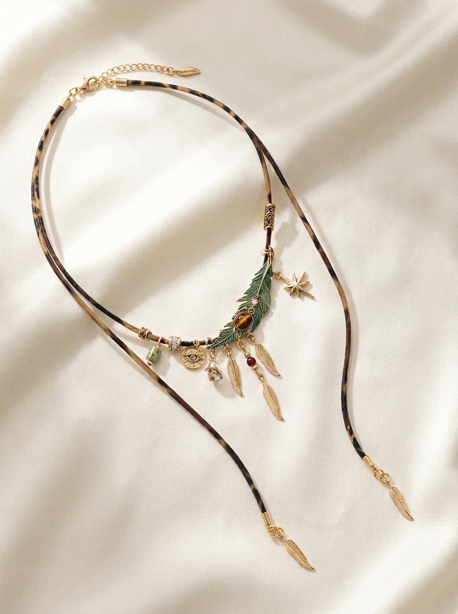 Vintage Peacock Feather Choker Leather Cord Necklace view 3