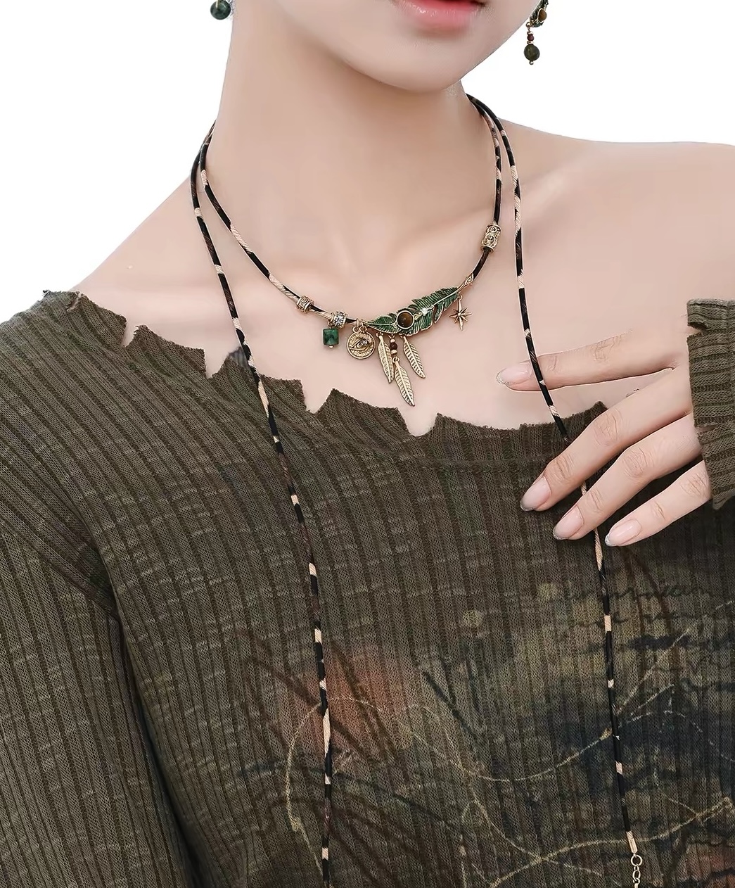 Vintage Peacock Feather Choker Leather Cord Necklace view 5