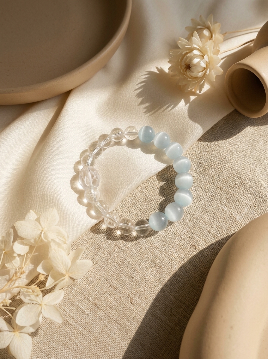 Natural White Cats Eye Clear Quartz Beaded Bracelet view 3