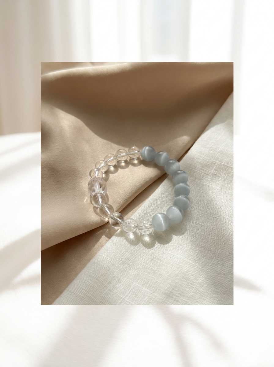 Natural White Cats Eye Clear Quartz Beaded Bracelet view 4
