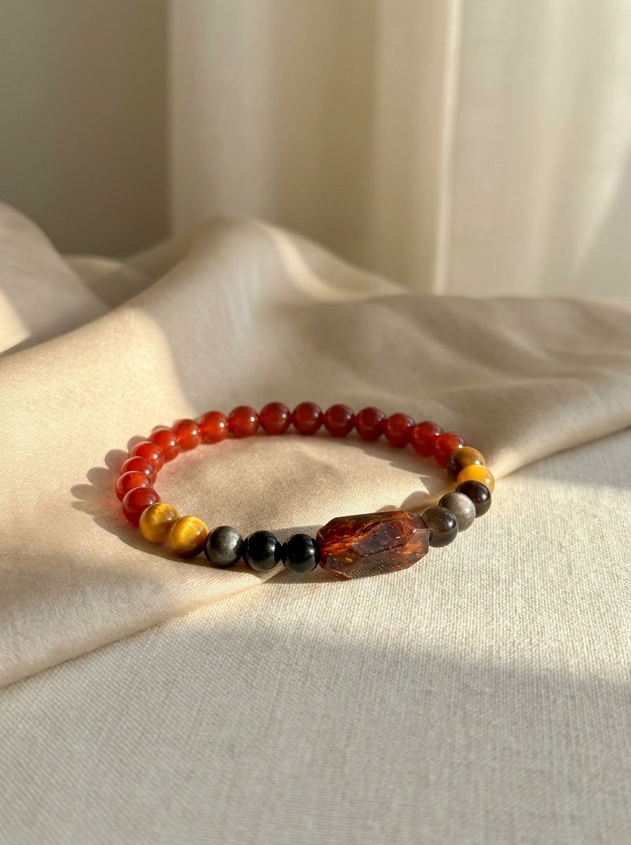 Natural Carnelian Tigers Eye Obsidian Amber Beaded Bracelet view 3