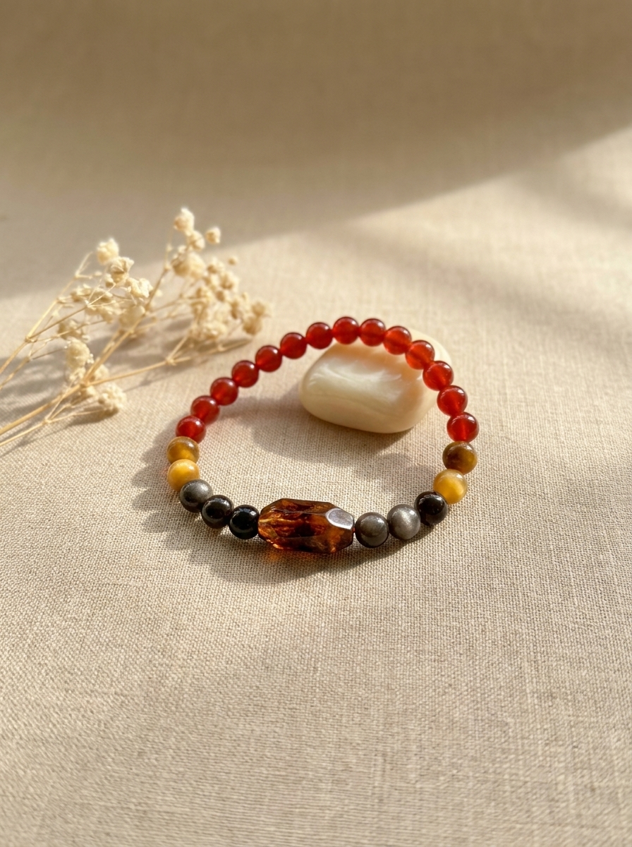Natural Carnelian Tigers Eye Obsidian Amber Beaded Bracelet view 4