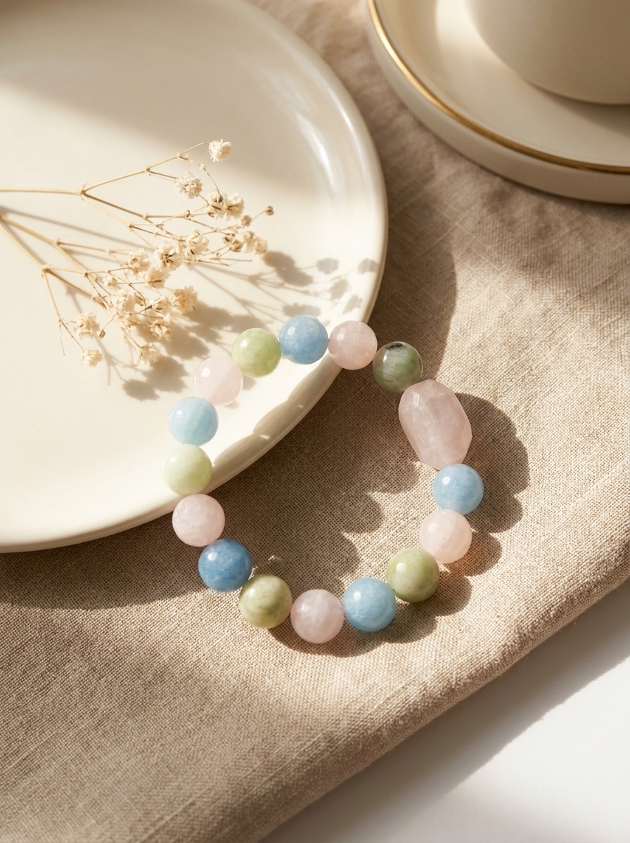 Pastel Aquamarine Rose Quartz Aventurine Beaded Bracelet view 4