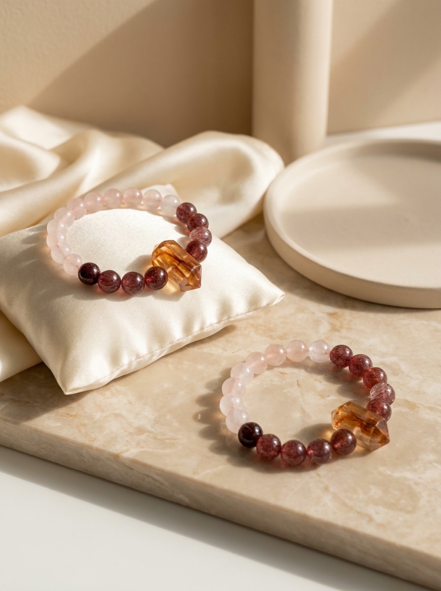 Strawberry Quartz Rose Quartz Citrine Crystal Bracelet view 2