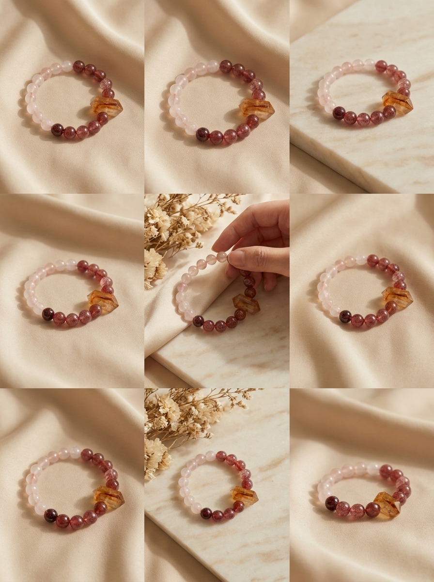 Strawberry Quartz Rose Quartz Citrine Crystal Bracelet view 3