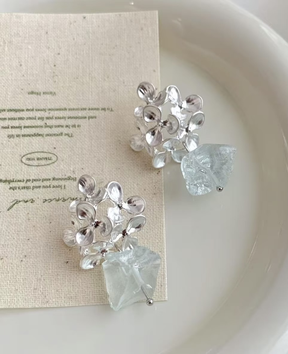 Silver Hydrangea Flower Earrings with Raw blue Crystal