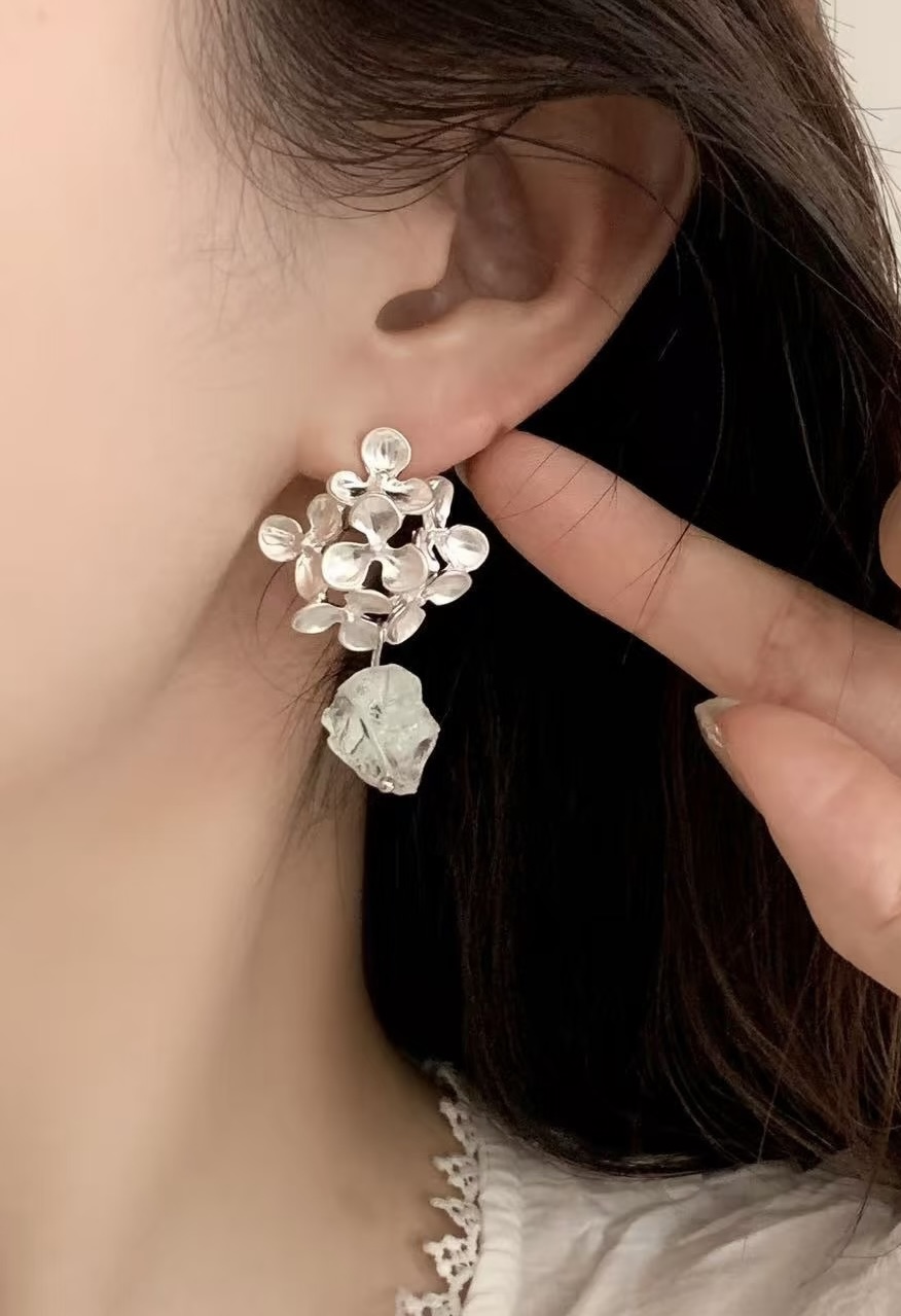 Silver Hydrangea Flower Earrings with Raw blue Crystal - View 2