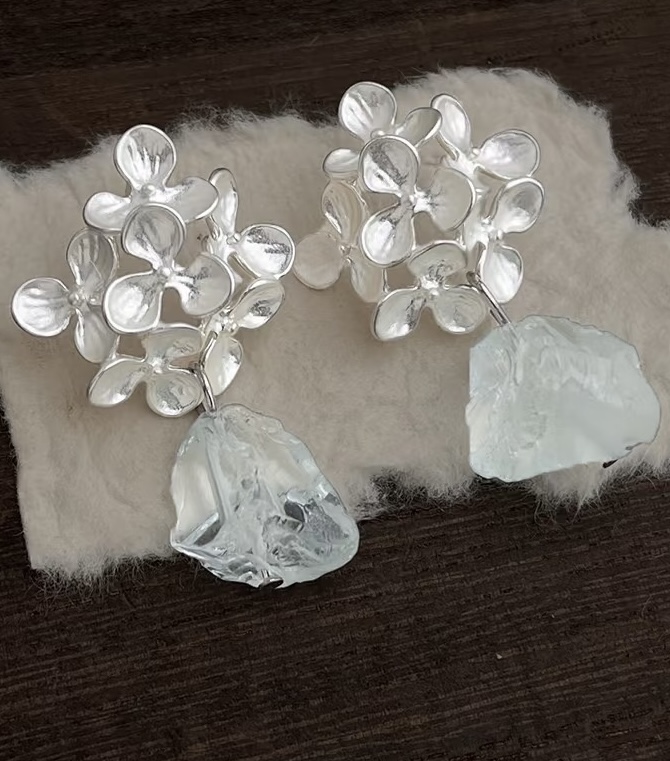 Silver Hydrangea Flower Earrings with Raw blue Crystal - View 3