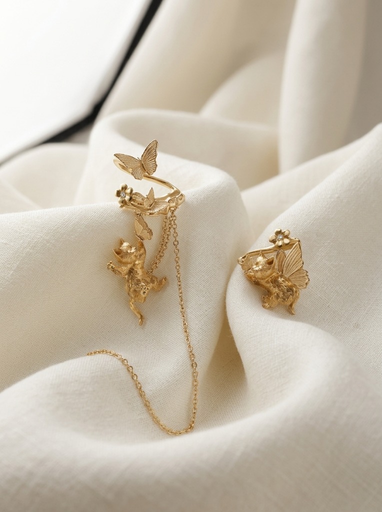 Fairycore Cat and Butterfly earring cuff