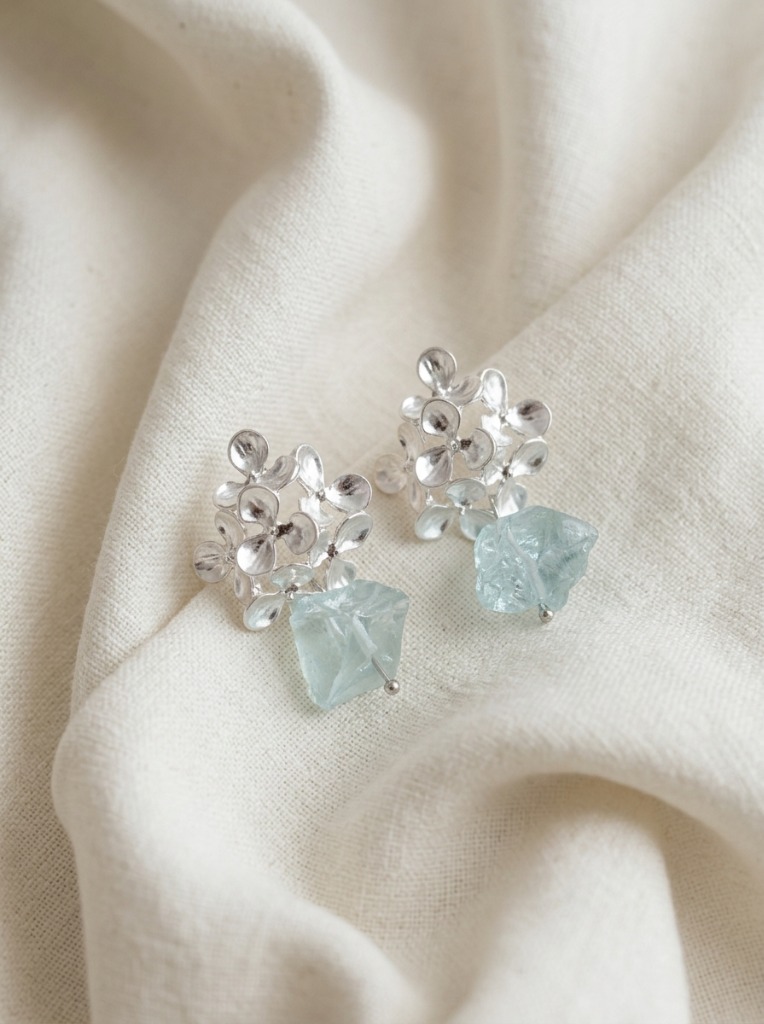 Silver Hydrangea Flower Earrings with Raw blue Crystal