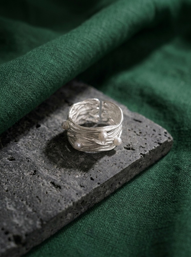Silver Lace Pearl Filigree Ring